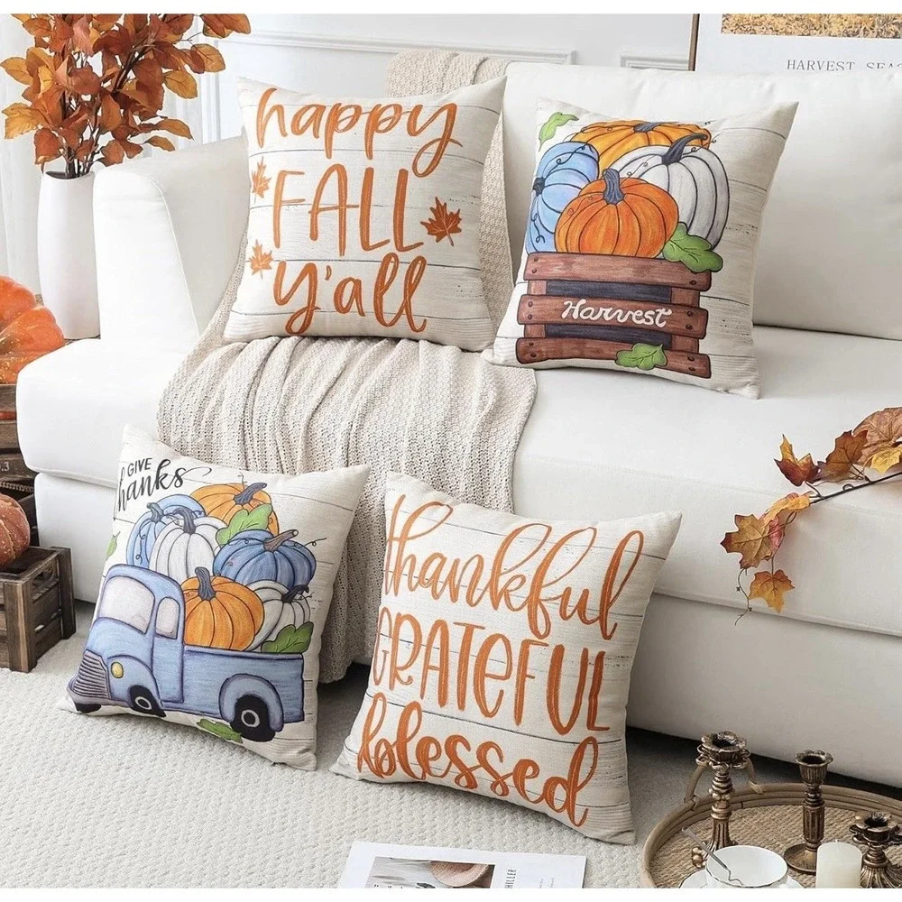 Artscope Fall Pillow Covers Set of 4 18x18 Pumpkin Truck Thanksgiving Harvest